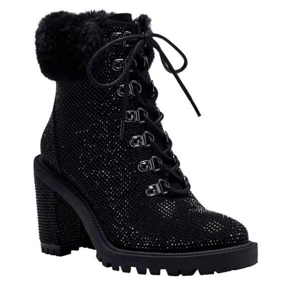 Jessica Simpson Delilah Studded Block Heel Pewter Bootie Faux Fur Trim - Picture 1 of 6